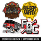Four FDC Fire Dept Coffee themed stickers shown on a white background with a black banner reading ’Sticker Club Pack | September 2026’. The stickers include a firefighter bear emblem, a yellow fire dept coffee badge, a fire truck illustration, and a large FDC logo.