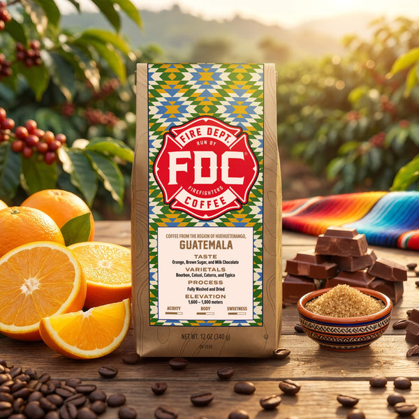 A bag of FDC Fire Department Coffee from Guatemala on a white background, with flavor notes shown on the right: milk chocolate, orange, and brown sugar. Text at the bottom reads 'COFFEE FROM GUATEMALA | SEPTEMBER 2026'.