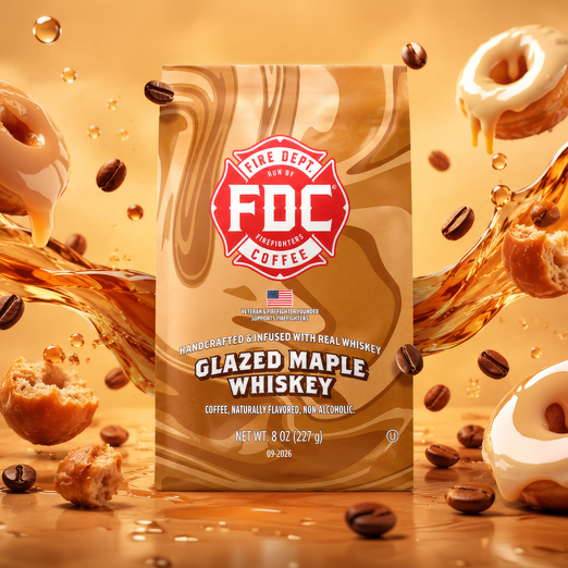 A bag of FDC Fire Department Affiliated Coffee Glazed Maple Whiskey stands upright in a stylized studio scene. The package is metallic gold with a red-and-white FDC logo and white product text.