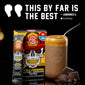 FDC Premium Skull-Crushing Instant Espresso Coffee shown in its packaging alongside a glass of prepared coffee with a metal straw and chocolate chunks, on a black background with promotional text.