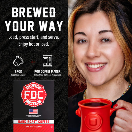 A promotional graphic for an FDC coffee pod maker. The left side features a black textured background with white text reading ’BREWED YOUR WAY’ and product details, including a red and white FDC Dark Roast Coffee pod package.