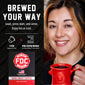 A promotional graphic for an FDC coffee pod maker. The left side features a black textured background with white text reading ’BREWED YOUR WAY’ and product details, including a red and white FDC Dark Roast Coffee pod package.