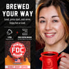 A promotional graphic for a pod coffee maker showing a smiling woman on the right holding a red mug, alongside product text and a branded coffee pod package on the left. The text reads 'BREWED YOUR WAY' and includes 'Load, press start, and serve.