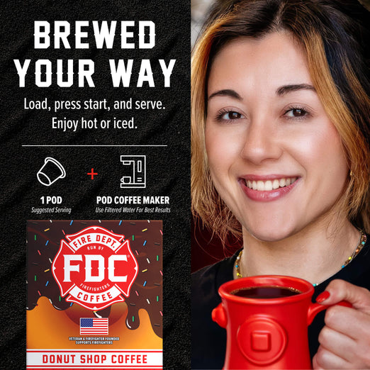 A promotional graphic for a pod coffee maker showing a smiling woman on the right holding a red mug, alongside product text and a branded coffee pod package on the left. The text reads ’BREWED YOUR WAY’ and includes ’Load, press start, and serve.