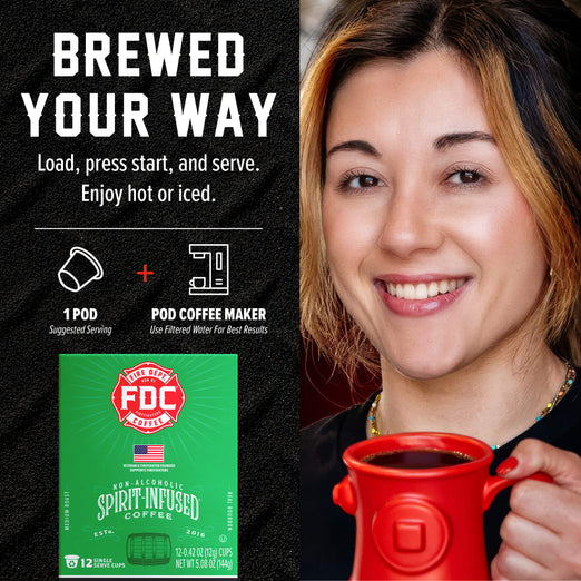 A promotional graphic for an FDC Brewing Company pod coffee maker. The left side has a black background with white text reading ’BREWED YOUR WAY’ and product callouts, including a green box of FDC Spirit Infused Coffee.