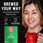 A promotional graphic for an FDC Brewing Company pod coffee maker. The left side has a black background with white text reading ’BREWED YOUR WAY’ and product callouts, including a green box of FDC Spirit Infused Coffee.