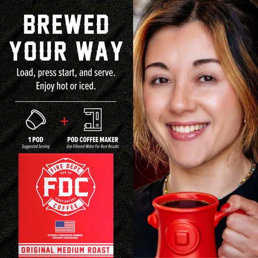 A promotional graphic for a coffee pod maker showing a smiling woman holding a red mug on the right, and product information on the left. The left side includes the text ’BREWED YOUR WAY,’ descriptive copy, icons for 1 POD suggested serving and POD coffee maker, and a red Fire Department style FDC Coffee logo panel.