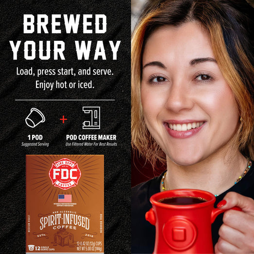 A promotional graphic for FDC Brewing’s Spirit Infused Coffee showing a smiling woman on the right holding a red mug, alongside product information on the left including the text ’BREWED YOUR WAY,’ a coffee pod maker icon, and a coffee pod box. The background is split between black on the left and a warm indoor setting on the right.