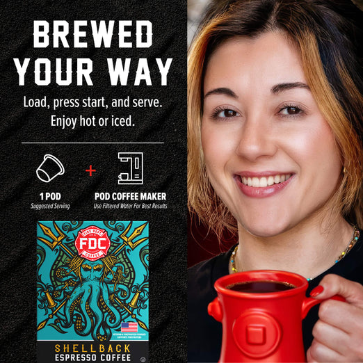 A promotional graphic for a coffee pod maker showing a smiling woman on the right holding a red mug, and product text plus a pod package illustration on the left. The text reads ’BREWED YOUR WAY’ and ’Load, press start, and serve.