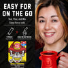 A promotional graphic for FDC Skull-Crushing Instant Espresso Coffee. The left side features a black background with white text reading 'EASY FOR ON THE GO' and product usage icons, alongside the yellow and red FDC coffee pouch packaging.