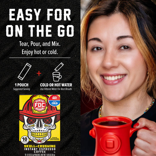 A promotional graphic for FDC Skull-Crushing Instant Espresso Coffee. The left side features a black background with white text reading ’EASY FOR ON THE GO’ and product usage icons, alongside the yellow and red FDC coffee pouch packaging.