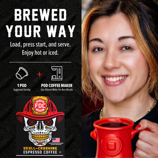 A promotional graphic for a coffee pod maker showing a smiling woman on the right holding a red coffee mug, and product text on the left. The text reads ’BREWED YOUR WAY’ and includes a skull illustration wearing a firefighter helmet with the brand FOC visible on the pod packaging graphic.