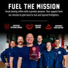 A promotional graphic for FDC Coffee featuring six firefighters in blue uniforms standing in a garage-like setting, with one man holding a box of FDC Coffee Roasted Black Cherry Bourbon. Above them is a black banner with white and red text reading 'FUEL THE MISSION' and supporting claims like 'Certified Veteran Owned' and 'Mission Driven'.