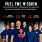 A group of firefighters wearing navy blue PDC uniforms stand together in a garage-like setting, holding a box of FDC Fire Department Grind Coffee. The top of the image has a black banner with white text reading ’FUEL THE MISSION’ and supporting claims like ’Certified Veteran Owned,’ ’Mission Driven,’ and ’Supports Firefighters.