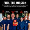 A group of firefighters in navy uniforms stand in a fire station holding a box of FDC Donut Shop Coffee. The image includes promotional text at the top reading 'FUEL THE MISSION' and icons for 'CERTIFIED VETERAN OWNED', 'MISSION DRIVEN', and 'SUPPORTS FIREFIGHTERS'.