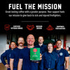 A group of smiling firefighters in navy uniforms stand in a garage-like setting while holding a green box of PFC Smokeless Irish Whiskey. Above them, bold white text reads 'FUEL THE MISSION' with supporting callouts: 'Certified Veteran Owned,' 'Mission Driven,' and 'Supports Firefighters.