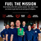 A group of smiling firefighters in navy uniforms stand in a garage-like setting while holding a green box of PFC Smokeless Irish Whiskey. Above them, bold white text reads ’FUEL THE MISSION’ with supporting callouts: ’Certified Veteran Owned,’ ’Mission Driven,’ and ’Supports Firefighters.