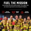A group of firefighters in tan turnout jackets and helmets pose together in front of a dark fire station interior, with large promotional text above reading 'FUEL THE MISSION' and supporting callouts including 'Certified Veteran Owned,' 'Mission Driven,' and 'Supports Firefighters.'.