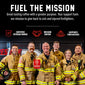 A group of firefighters in tan turnout jackets and helmets pose together in front of a dark fire station interior, with large promotional text above reading ’FUEL THE MISSION’ and supporting callouts including ’Certified Veteran Owned,’ ’Mission Driven,’ and ’Supports Firefighters.’.