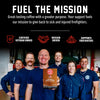 A group of smiling firefighters in navy uniforms stand in a garage-like setting while holding a box of FDC Salted Caramel Bourbon coffee. Large text at the top reads 'FUEL THE MISSION' with supporting copy about veteran ownership and support for firefighters, plus red icons for certified veteran owned, mission driven, and supports firefighters.