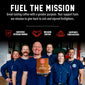 A group of smiling firefighters in navy uniforms stand in a garage-like setting while holding a box of FDC Salted Caramel Bourbon coffee. Large text at the top reads ’FUEL THE MISSION’ with supporting copy about veteran ownership and support for firefighters, plus red icons for certified veteran owned, mission driven, and supports firefighters.