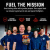A group of firefighters in navy uniforms stand in a garage-like setting holding a coffee box labeled '10% VETERAN OWNED' and 'FUEL THE MISSION.' Large text at the top reads 'FUEL THE MISSION' with supporting copy about coffee and support for firefighters, plus icons for certified veteran owned, mission driven, and supports firefighters.