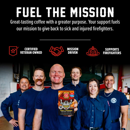 A group of firefighters in navy uniforms stand in a garage-like setting holding a coffee box labeled ’10% VETERAN OWNED’ and ’FUEL THE MISSION.’ Large text at the top reads ’FUEL THE MISSION’ with supporting copy about coffee and support for firefighters, plus icons for certified veteran owned, mission driven, and supports firefighters.