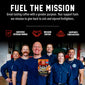 A group of firefighters in navy uniforms stand in a garage-like setting holding a coffee box labeled ’10% VETERAN OWNED’ and ’FUEL THE MISSION.’ Large text at the top reads ’FUEL THE MISSION’ with supporting copy about coffee and support for firefighters, plus icons for certified veteran owned, mission driven, and supports firefighters.