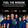 A group of smiling firefighters in navy uniforms hold a coffee bag in a garage-like setting. Above them, bold white text reads 'FUEL THE MISSION' with supporting copy and icons for 'Certified Veteran Owned,' 'Mission Driven,' and 'Supports Firefighters.