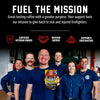 A promotional graphic for a coffee product featuring a group of firefighters in a garage holding a box of 'Firefighter's Fuel' coffee. The top half has a black background with white and red text reading 'FUEL THE MISSION' and supporting claims like 'Certified Veteran Owned' and 'Mission Driven'.