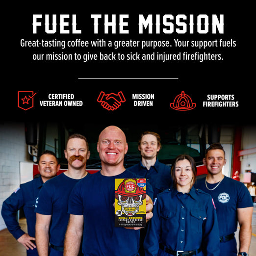 A promotional graphic for a coffee product featuring a group of firefighters in a garage holding a box of ’Firefighter’s Fuel’ coffee. The top half has a black background with white and red text reading ’FUEL THE MISSION’ and supporting claims like ’Certified Veteran Owned’ and ’Mission Driven’.