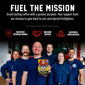 A promotional graphic for a coffee product featuring a group of firefighters in a garage holding a box of ’Firefighter’s Fuel’ coffee. The top half has a black background with white and red text reading ’FUEL THE MISSION’ and supporting claims like ’Certified Veteran Owned’ and ’Mission Driven’.