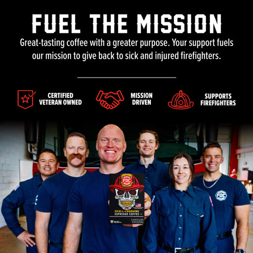 A group of smiling firefighters in navy uniforms stand in a garage-like setting, with one person holding a coffee package. Large text at the top reads ’FUEL THE MISSION’ with supporting copy about coffee and mission support.