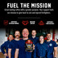 A group of smiling firefighters in navy uniforms stand in a garage-like setting, with one person holding a coffee package. Large text at the top reads ’FUEL THE MISSION’ with supporting copy about coffee and mission support.