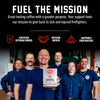 A group of smiling firefighters in navy uniforms hold a box of FDC Vanilla Bean Coffee in a garage setting. The top of the image features a black banner with white text reading 'FUEL THE MISSION' and red icons for 'CERTIFIED VETERAN OWNED', 'MISSION DRIVEN', and 'SUPPORTS FIREFIGHTERS'.
