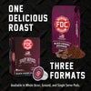 Promotional product graphic for FDC Coffee showing a whole bean box, a single-serve pod, and coffee beans and powder on a black textured background, with large text reading 'ONE DELICIOUS ROAST' and 'THREE FORMATS'.