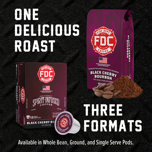 Promotional product graphic for FDC Coffee showing a whole bean box, a single-serve pod, and coffee beans and powder on a black textured background, with large text reading ’ONE DELICIOUS ROAST’ and ’THREE FORMATS’.