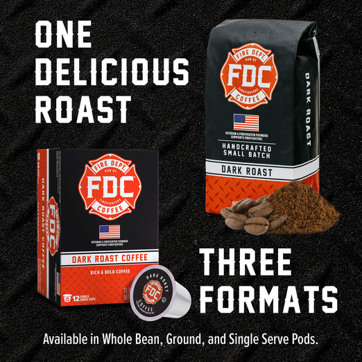 FDC Coffee Dark Roast promotional graphic showing a whole bean box, a single-serve pod, and loose coffee beans and grounds on a black textured background, with large text reading ’ONE DELICIOUS ROAST’ and ’THREE FORMATS’.