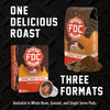 FDC Donut Shop Coffee advertisement showing whole bean, ground, and single-serve pod packaging on a black textured background with large white text reading 'ONE DELICIOUS ROAST' and 'THREE FORMATS'.