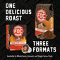 FDC Donut Shop Coffee advertisement showing whole bean, ground, and single-serve pod packaging on a black textured background with large white text reading ’ONE DELICIOUS ROAST’ and ’THREE FORMATS’.