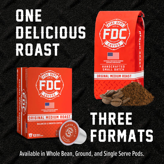FDC Coffee One Delicious Roast promotional graphic showing a red coffee bag, red coffee box, and a single coffee pod on a black textured background with large white text reading ’ONE DELICIOUS ROAST’ and ’THREE FORMATS’.