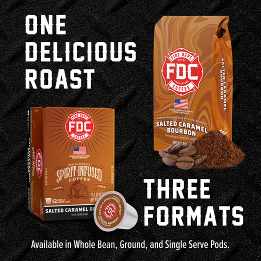 FDC Coffee Salted Caramel Bourbon coffee advertisement showing a whole bean bag, a coffee box, and a single serve pod on a black textured background with white text reading ’ONE DELICIOUS ROAST’ and ’THREE FORMATS’.
