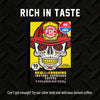 A boxed coffee pouch package centered on a black textured background with large white text reading 'RICH IN TASTE' above and a tagline below. The package is bright yellow and black with a skull wearing a red firefighter helmet and a red badge that says 'FDC'.