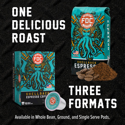 Promotional graphic for FDC Coffee Roasters Shellback Espresso Coffee showing the retail box, a single capsule pod, and coffee beans on a black textured background with large white text reading ’ONE DELICIOUS ROAST’ and ’THREE FORMATS’.