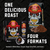 Promotional graphic for FDC Skull-Crushing Espresso Coffee showing the branded coffee bag, single-serve pod, and coffee box on a dark textured background, with text reading 'ONE DELICIOUS ROAST' and 'FOUR FORMATS'.