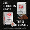 FDC Coffee Company Vanilla Bean Bourbon coffee shown in three formats: a whole bean bag, a ground coffee bag with coffee beans and powder, and a single-serve pod. Large white text reads 'ONE DELICIOUS ROAST' and 'THREE FORMATS' on a dark textured background.