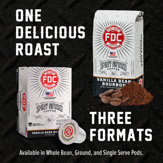 FDC Coffee Company Vanilla Bean Bourbon coffee shown in three formats: a whole bean bag, a ground coffee bag with coffee beans and powder, and a single-serve pod. Large white text reads ’ONE DELICIOUS ROAST’ and ’THREE FORMATS’ on a dark textured background.