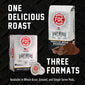 FDC Coffee Company Vanilla Bean Bourbon coffee shown in three formats: a whole bean bag, a ground coffee bag with coffee beans and powder, and a single-serve pod. Large white text reads ’ONE DELICIOUS ROAST’ and ’THREE FORMATS’ on a dark textured background.