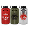 Three water bottles in red, green, and silver with FDC Coffee branding on a white background.