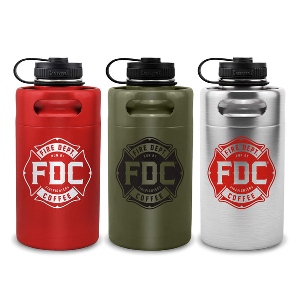 Three water bottles in red, green, and silver with FDC Coffee branding on a white background.